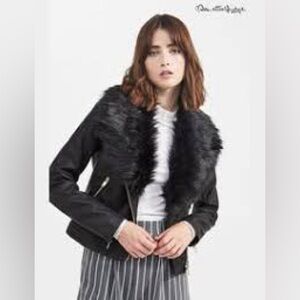 Miss Selfridge Sherpa & Suede Fur Collar Moto Jacket Black Size 2